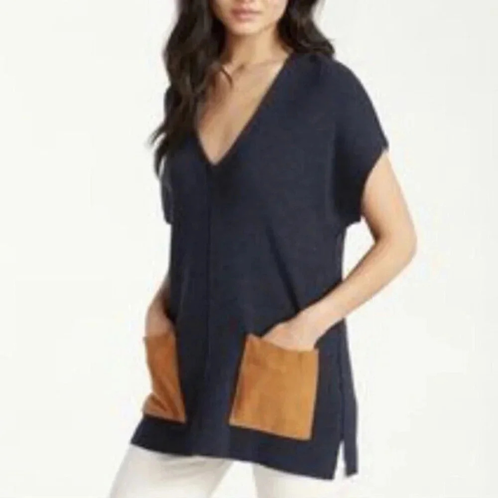Tommy Bahama Womens Medium Patch Pocket Vneck Cap Sleeve Sweater Tunic